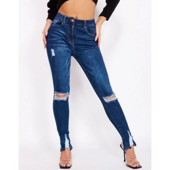 Blue High Waist Ripped Distressed Split Hem Skinny Jeans Denim Pants - Picture 5 of 13